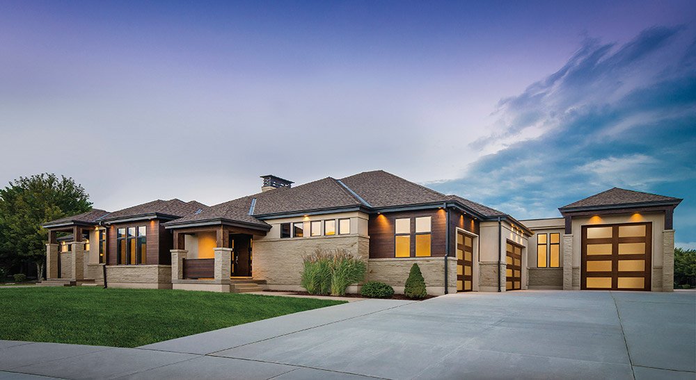 Modern home with wood-look garage doors